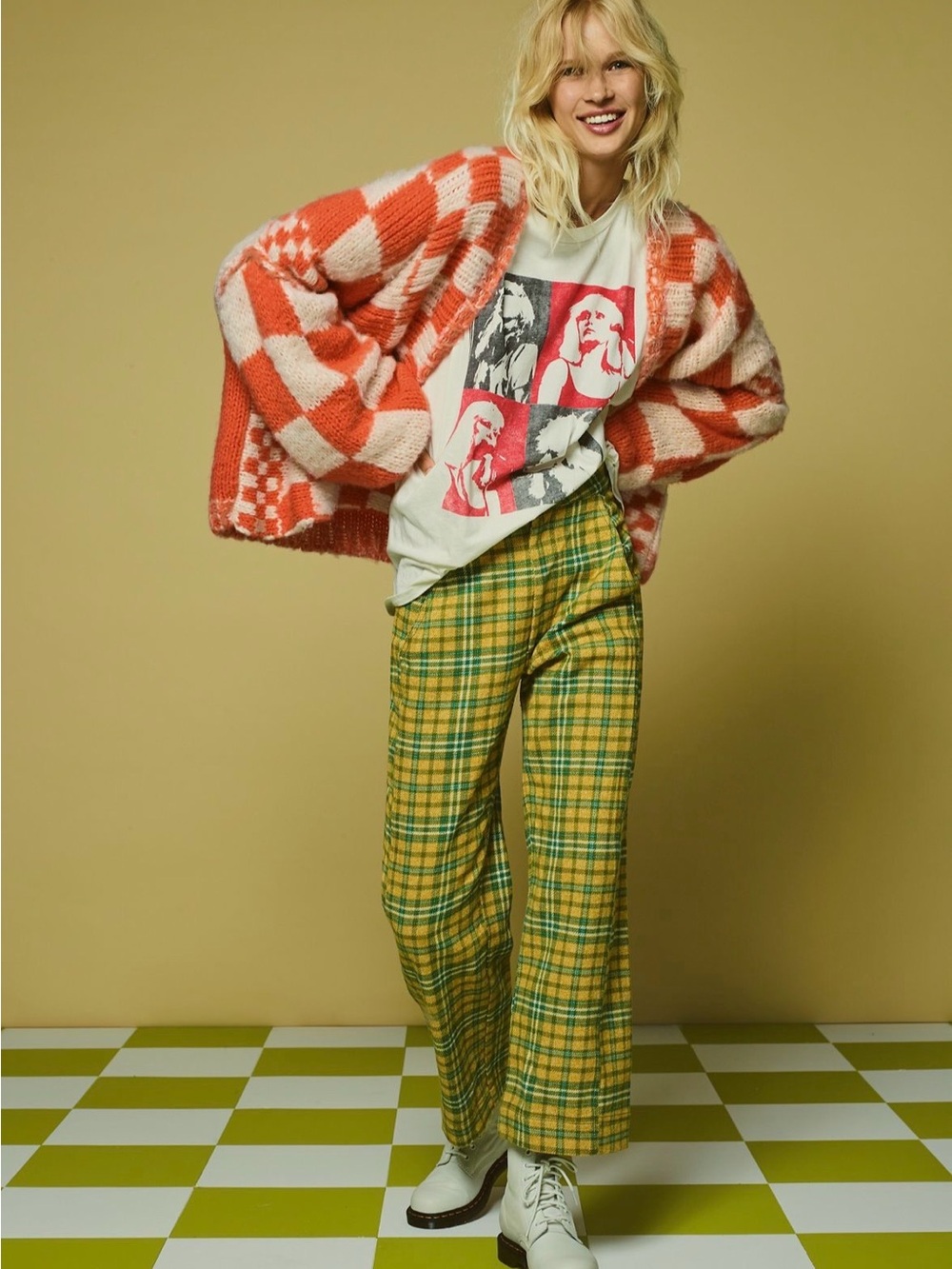 Free People Shape Up Plaid Trousers Yellow & Green Wide-Leg Pants